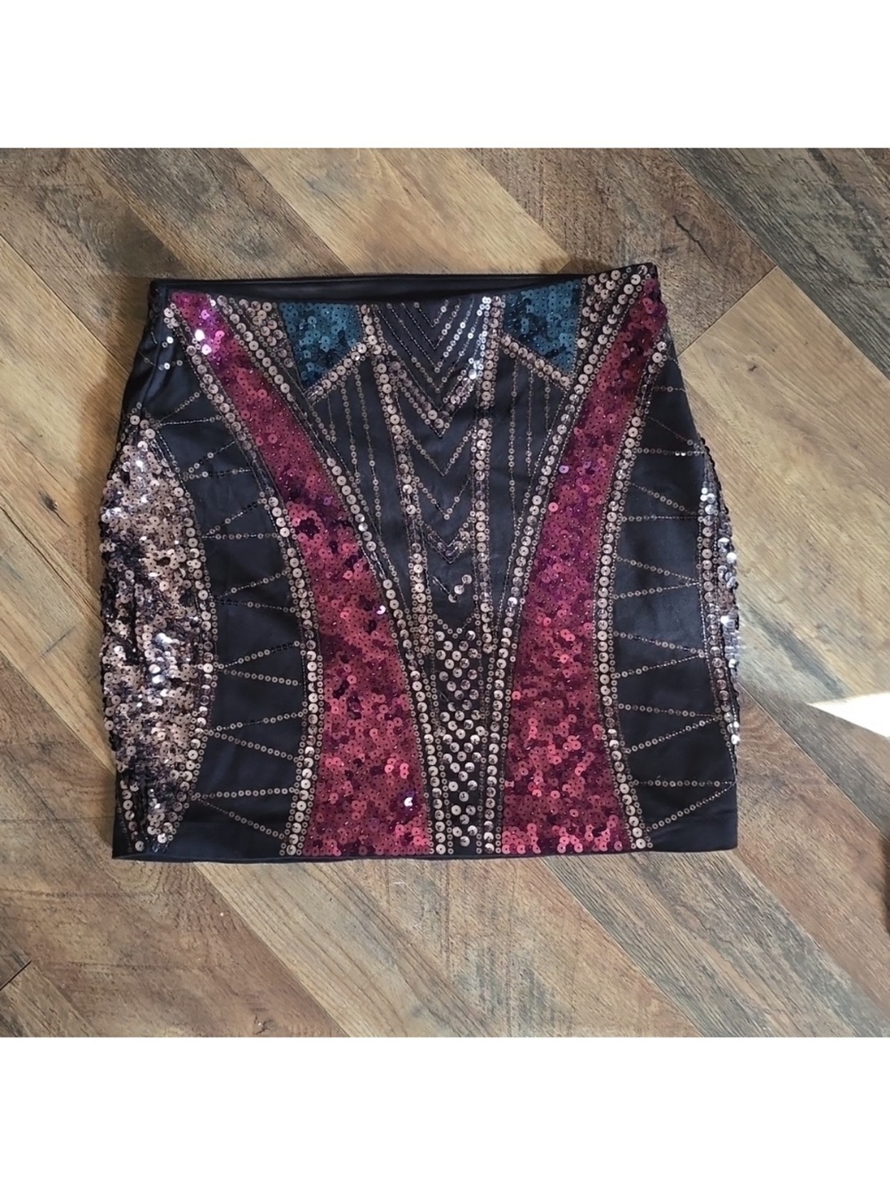 Express Black Mini Skirt with Burgundy and Rose-Gold Sequins